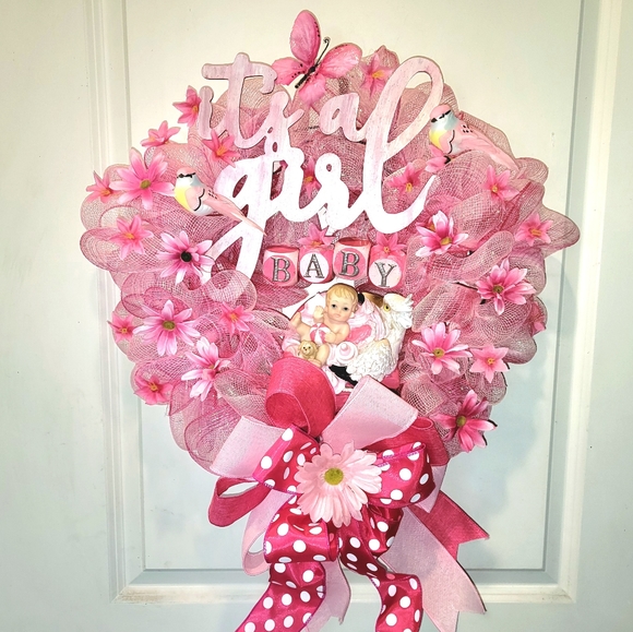 It's a Girl Wreath Deco Mesh Hand Painted Baby Stork Floral - Picture 3 of 13